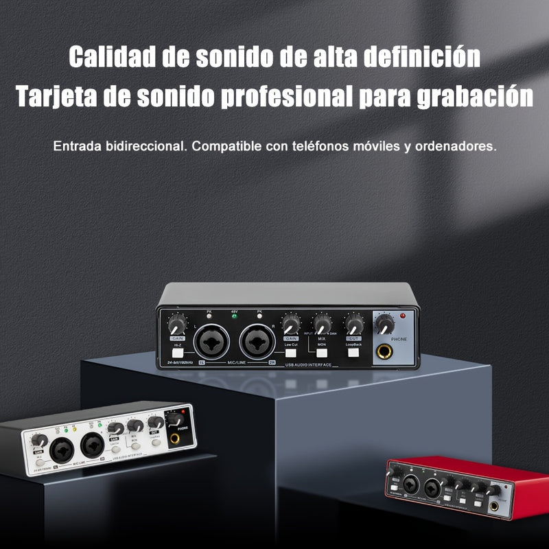 Interfaz de audio de 2 canales con tarjeta de sonido con pantalla, mezclador de estudio de grabación profesional para guitarra eléctrica, grabación in situ, 24 bits/196 kHz para grabación de música, interfaz XLR con alimentación fantasma de 48, caja de a