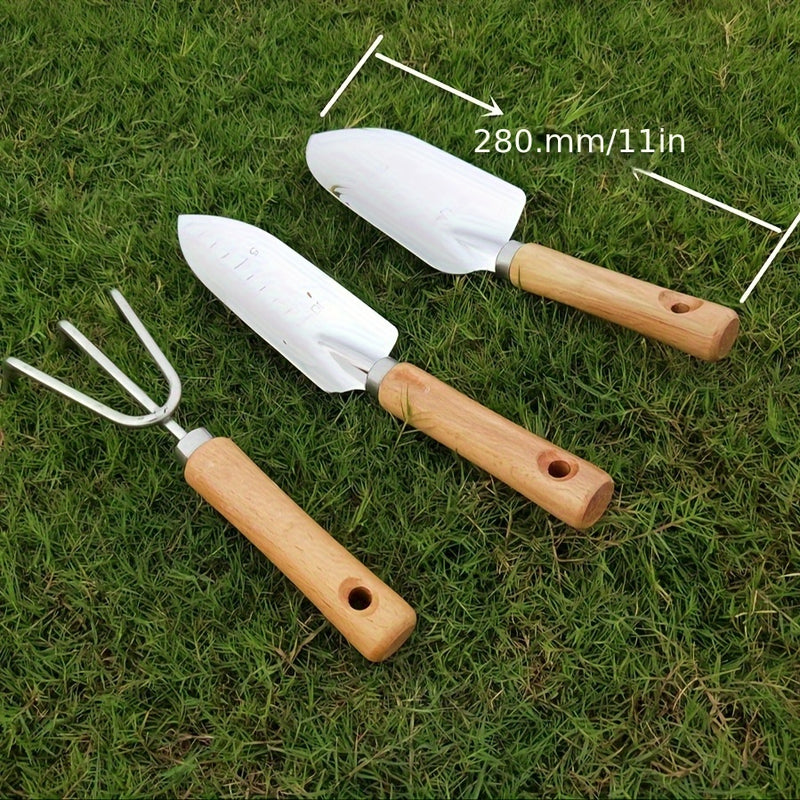 Juego de Pala de Acero Inoxidable con Mango de Madera - 3 Piezas: Palas para Bonsái y Herramienta de Jardinería, Utensilios Agrícolas para Uso Doméstico