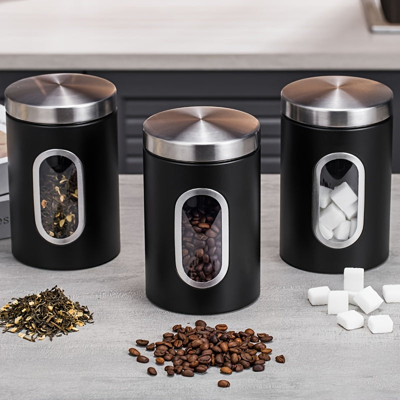 1pc Contenedor Hermético de Acero Inoxidable para Almacenamiento de Alimentos - Reutilizable, Tarro Metálico Redondo con Tapa Abatible para Granos de Café, Té, Azúcar y Más - Perfecto para la Organización de la Cocina