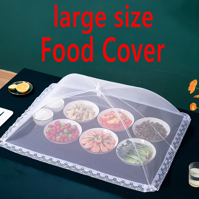 Juego de 1 cubierta plegable para alimentos de acero inoxidable con borde de encaje, gran protector contra polvo para fiestas al aire libre, picnics, asados y campamentos, accesorio de organización para cocina