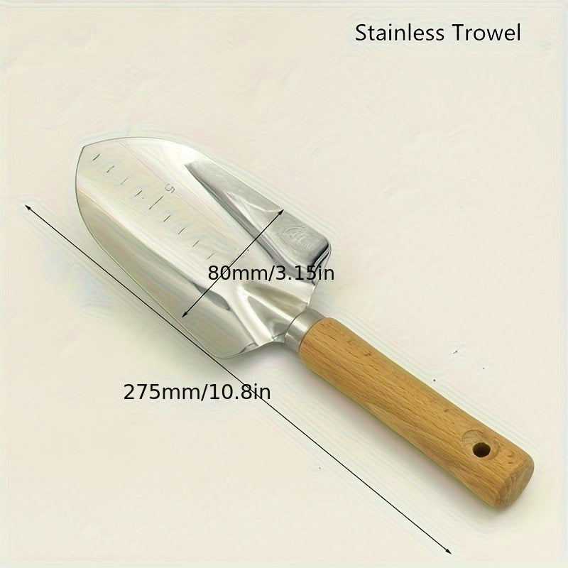 Juego de Pala de Acero Inoxidable con Mango de Madera - 3 Piezas: Palas para Bonsái y Herramienta de Jardinería, Utensilios Agrícolas para Uso Doméstico
