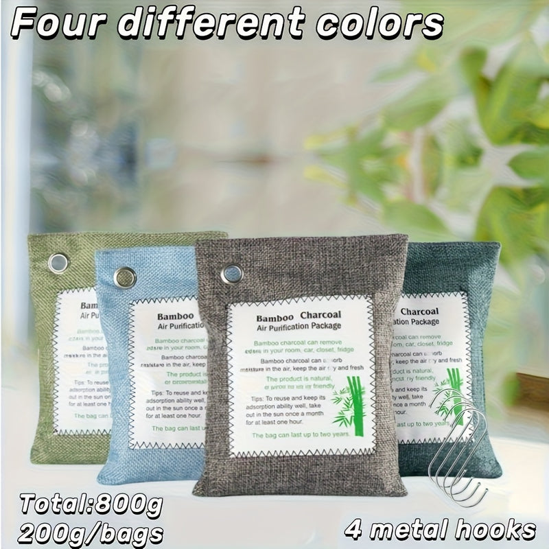 800G (20.6oz) de 4 paquetes de carbón de bambú de colores diferentes para purificar el aire, reutilizables, adecuados para habitaciones de casa, interiores de coches, armarios y gabinetes de zapatos.