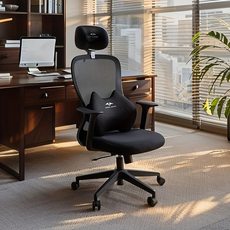Butaca Ergonómica de Oficina con Soporte Lumbar Ajustable y Cojín de Espuma Viscoelástica - Mecanismo Giratorio 360°, Reposabrazos Ergonómicos, 5 Ruedas para Suelos Duros -