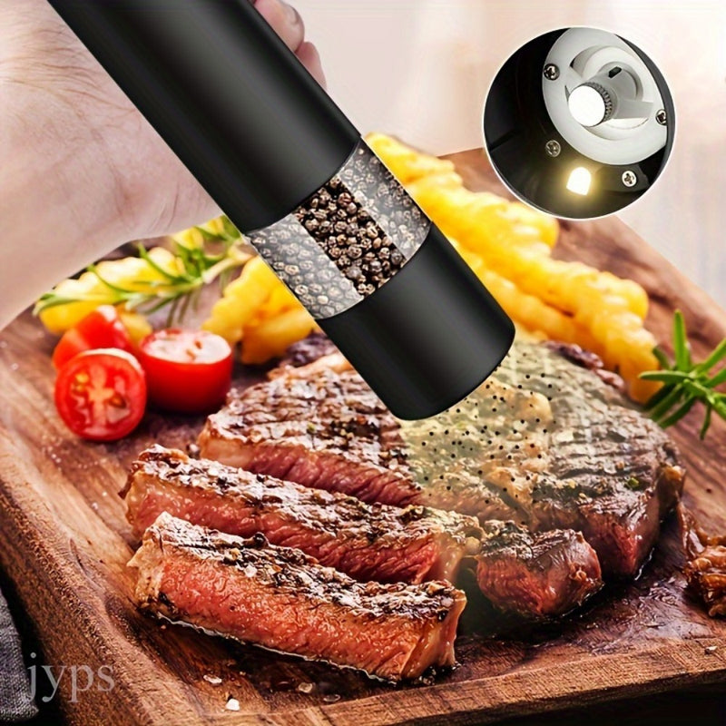 Molino de sal y pimienta eléctrico - Granulometría ajustable, molino de especias automático para cocina y barbacoa, funcionamiento con batería (baterías no incluidas), herramientas de cocina | Diseño negro elegante | Construcción duradera de PC, molino p