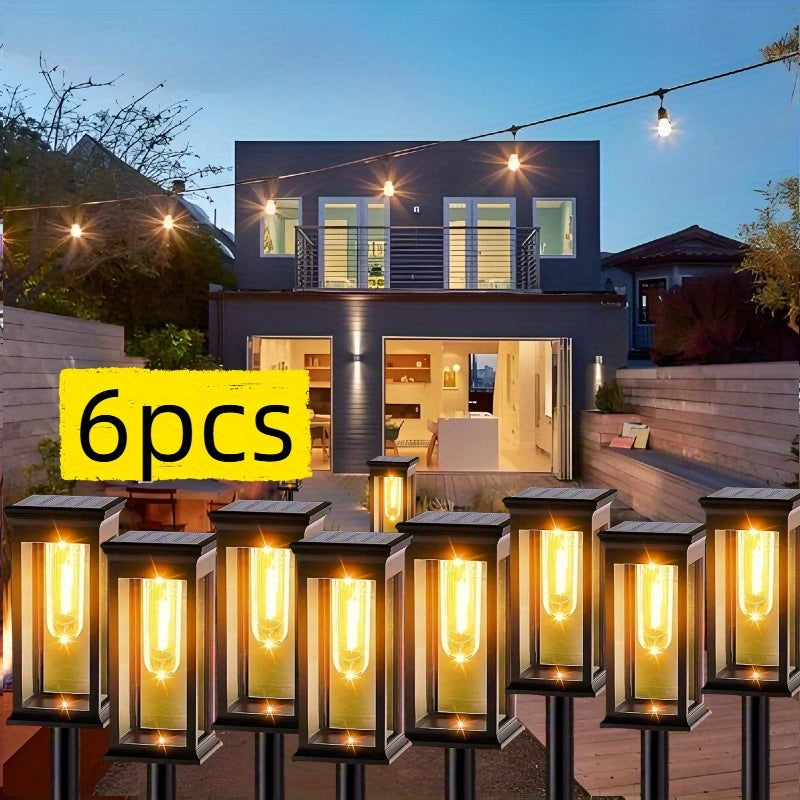 6 piezas, luces solares para senderos, lámpara cuadrada, bombilla de wolframio para decoración de atmósfera al aire libre - Adecuado para villa, jardín, patio, sendero y iluminación de paisaje de patio.