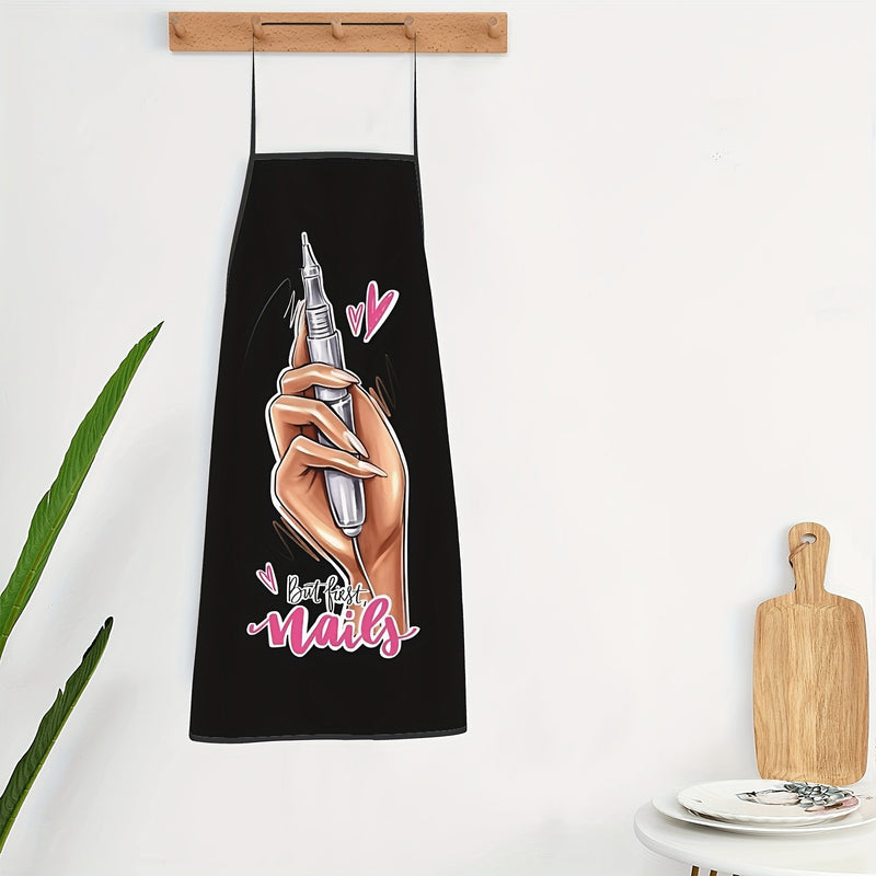 Delantal de diseño de arte de uñas negro vibrante - Correa de cuello ajustable, 100% poliéster de alta resistencia, perfecto para cocinar, jardinería y uso de cocina, elegante y funcional.