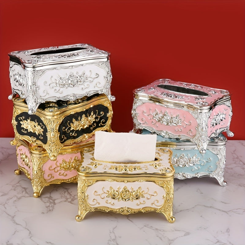 1 unidad Estilo europeo vintage Cubierta de caja de pañuelos de acrílico, Porta pañuelos de plástico rectangular con talla de rosas, Organizador de ahorro de espacio para hogar, oficina, cocina, baño, decoración de dormitorio