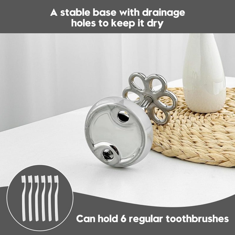 Portacepillos de dientes para baño, contenedor de almacenamiento cerámico en forma de flor, puede sostener 6 cepillos de dientes estándar (Plateado)