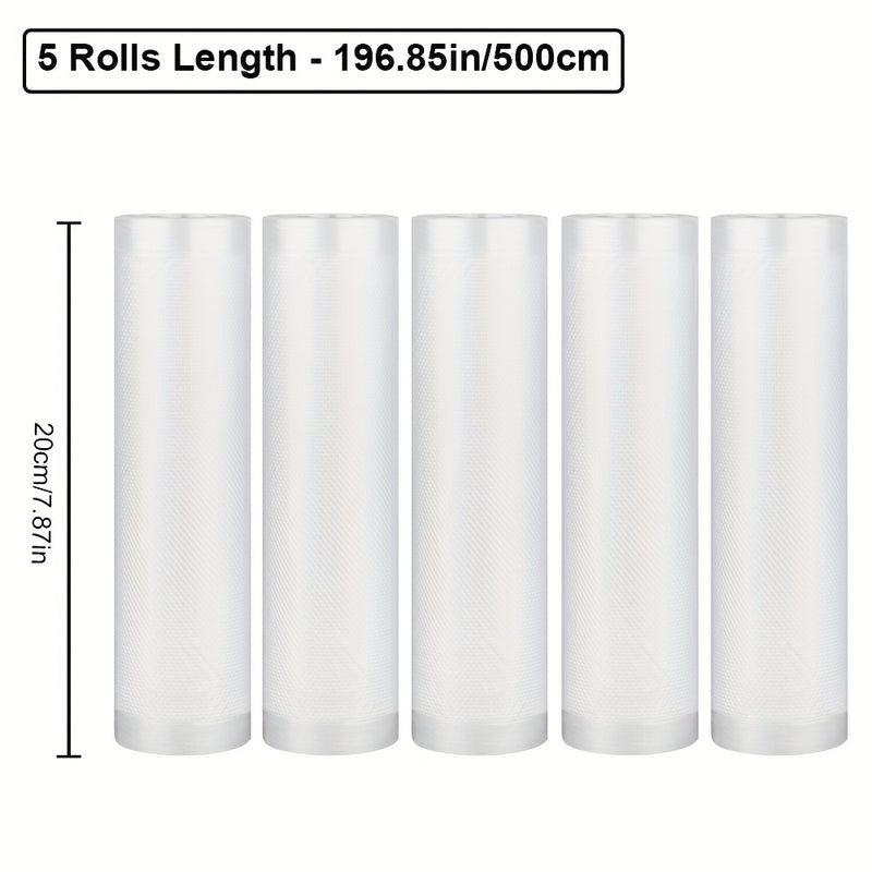 5-Pack 5.0 metros Bolsas de sellado al vacío sin BPA, Material PE+PA, Uso único, Compatible con la mayoría de los selladores para almacenamiento de alimentos, conservación de frescura, cocción a baja temperatura, preparación de comidas, compra en mayor -