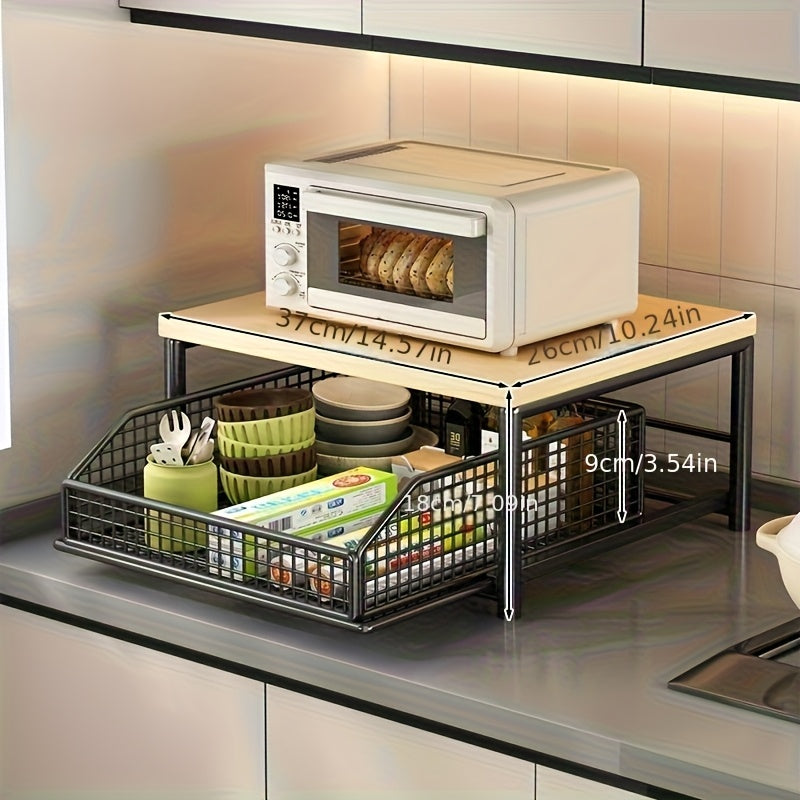 1 caja de almacenamiento de metal con capas de bambú moderno con cajones, diseño que ahorra espacio para electrodomésticos de cocina y organización de cubiertos, decoración duradera del hogar con canastas de metal negro para organizar lo esencial.