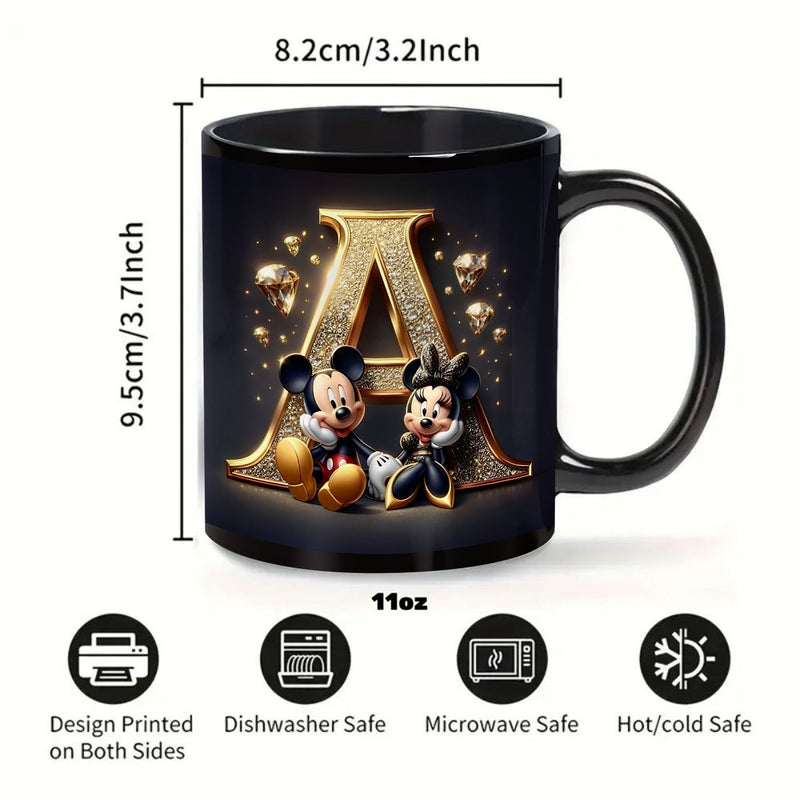 Taza de Cerámica de Disney Mickey y Minnie Mouse 1ud 11oz - Diseño Elegante con Letra Dorada A, Taza Duradera para Café, Té, Leche, Vino, Solo Lavado a Mano, Regalo de Cumpleaños para Fanáticos de Disney, Copa Disney