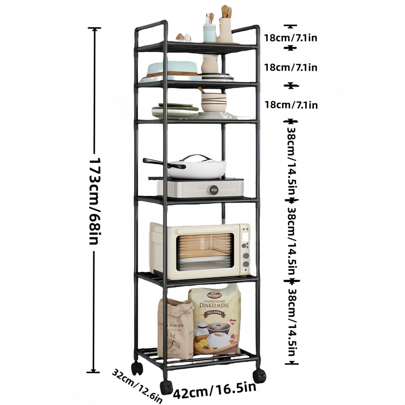 Carro de almacenamiento de cocina de 6 niveles - Organizador de utilidad rodante de metal con ruedas para cocina, sala de estar, baño y balcón - Unidad de estantería móvil sin componentes de madera - Ensamblaje fácil, funcionamiento sin energía