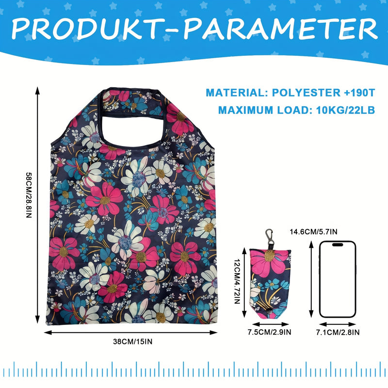 Juego de 4 Bolsas de Compras de Poliéster Premium con Asas, Bolsas Portátiles Plegables para Almacenamiento, Ligueras y Duraderas Lavables en Máquina para Esenciales Diarios
