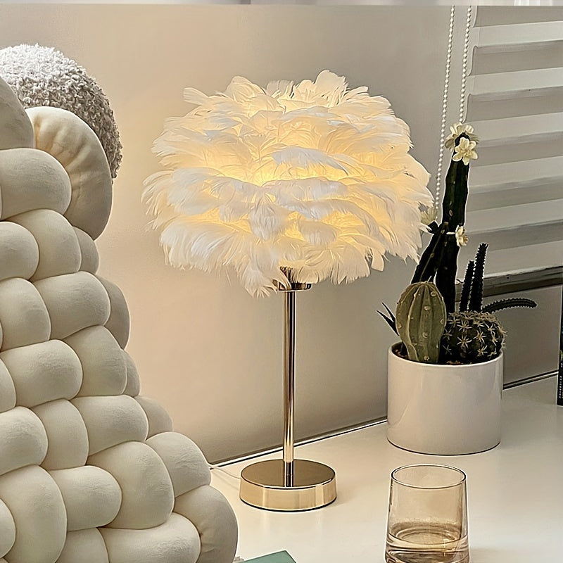 1pc Lámpara de Plumas Artificiales Blancas, Elegante y Dorada con Pantalla Tejida en Tela, Cuerpo de Hierro Alimentación USB Baja Voltaje, Compatible con Bombilla E26 DC5V, Decoración Romántica para Salón, Pasillo o Habitación, Ideal para Hoteles, Cafés