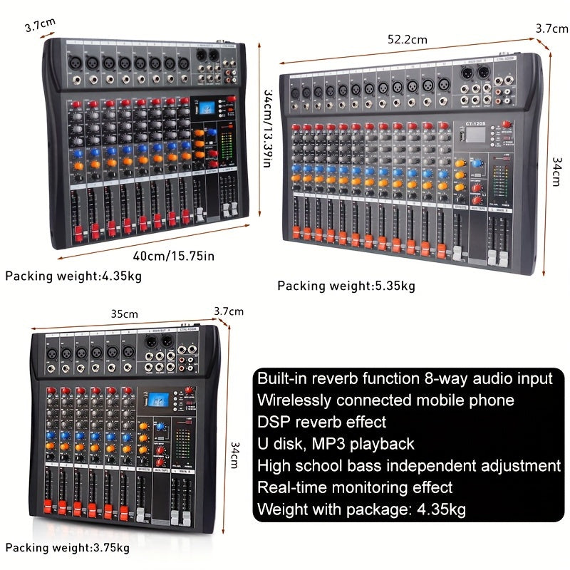 Consola de mezclas profesional NXG con USB, XLR, alimentación fantasma de 48V, entradas/salidas RCA - Material de aleación, funciona con fuente de alimentación 220-240V con enchufe europeo, opciones de 6/8/12 canales, efecto de reverberación DSP, no requ