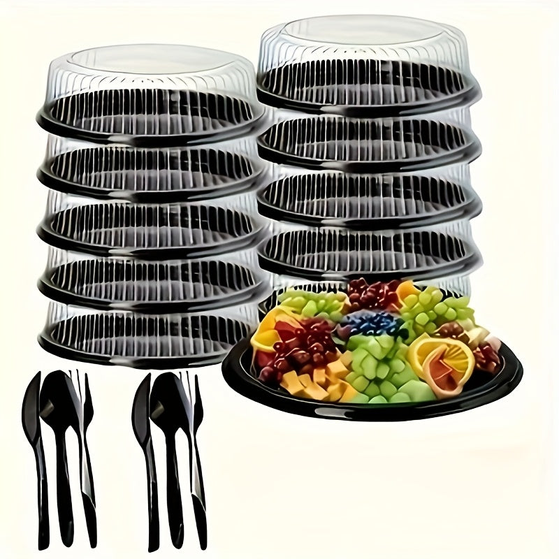 5 bandejas redondas de plástico con tapa transparente apilables para comida, entrega a domicilio y picnic (incluye 5 cajas para pastel + juego de cubiertos)