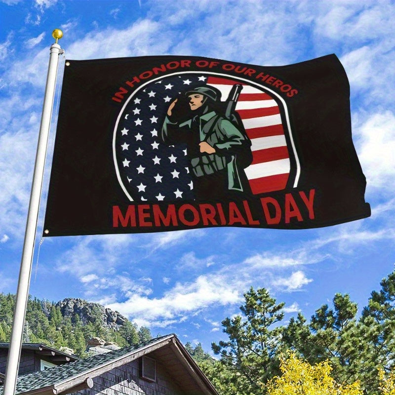 1 pieza de bandera de bandera de Día de los Caídos Patriótica 3x5 pies - "En honor a nuestros héroes" con soldado salutando y diseño de bandera estadounidense, tejido de poliéster duradero para decoraciones al aire libre y celebraciones, decoraciones de