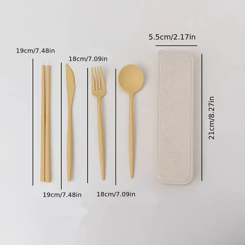 4 Piezas, Cubiertos Portátil De Paja De Trigo, Fácil De Limpiar Y Almacenar, Resistente A Caídas, Adecuado Para Estudiantes, Cuello Blanco, Cuello Azul, Uso De Viajes De Cena Al Aire Libre