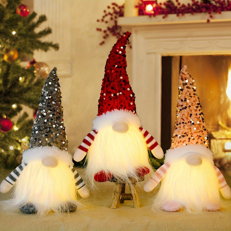 1/3 piezas, Muñecos de gnomo con lentejuelas navideñas que se iluminan - Material PET, Funciona con pilas, Decoraciones de interior para la decoración del hogar navideño