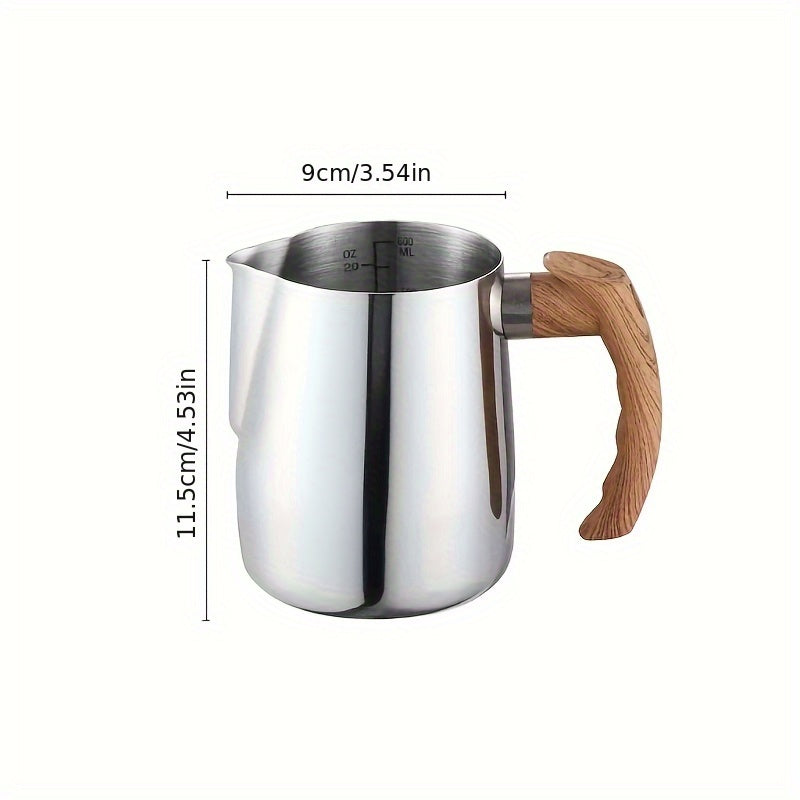 1 vaso de espuma de leche de acero inoxidable con mango de madera - 600 ml/900 ml, termo de leche para café, té, chocolate caliente - Equipo creativo para cocina y cafetería, accesorios para bar de café