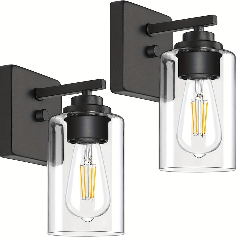 Juego de 2 Apliques de Pared para Baño, Luces Modernas para Tocador, Linternas de Iluminación de Montaje en Pared en Negro Mate, Luces de Pared Estilo Granja con Pantalla de Vidrio Transparente para Dormitorio, Sala de Estar, Pasillo y Cocina (Bombilla I