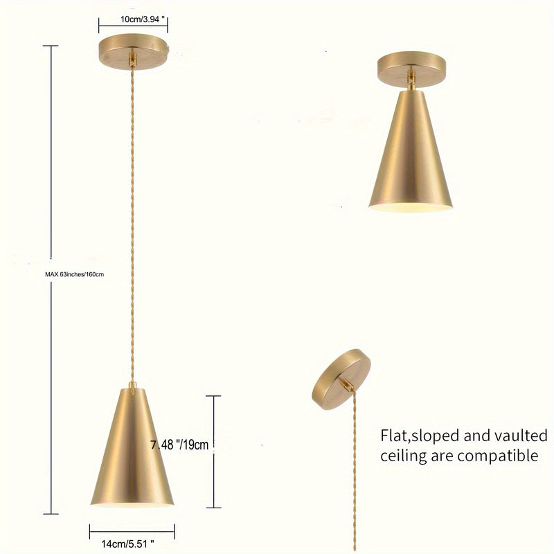 Lámpara colgante moderna de metal con cuchilla dorada, con cadena ajustable - Montaje semi-inclinado, base de bombilla E26, eficiencia energética, control de interruptor, bombilla no incluida, lámpara colgante mini para cocina, baño, sala de estar, ilumi