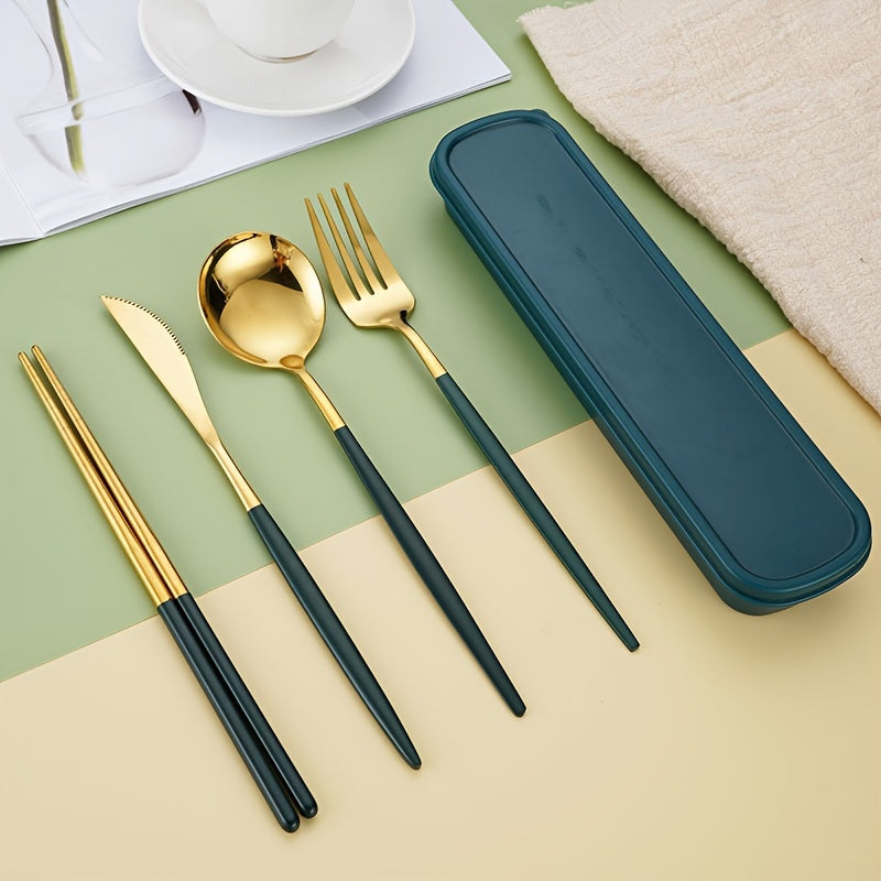 Juego de Cubiertos de Acero Inoxidable de 4 Piezas con Mangos Elegantes en Verde Uva - Incluye Cuchillo, Tenedor, Cuchara y Palillos - Perfecto para Picnics al Aire Libre, Camping y Uso Diario - Viene en un Elegante Estuche Portátil