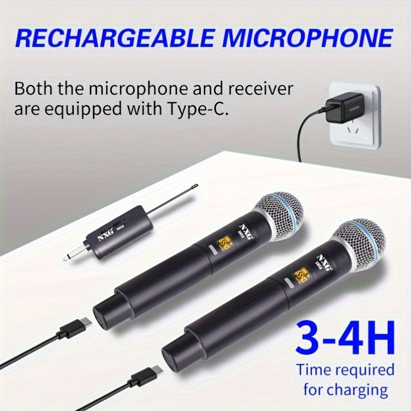 NXG Micrófono inalámbrico, sistema de micrófono de karaoke doble, equipado con un receptor recargable, conjunto de micrófono dinámico inalámbrico mini, adecuado para cantar, bodas, DJs, fiestas y discursos.