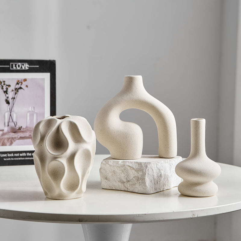 Conjunto de 3 jarrones de cerámica bohemios - Jarrones de capullo de rayas geométricas, forma cilíndrica, decoración minimalista para el hogar para estantes, mesa de café, sala de estar, entrada - No se requieren baterías