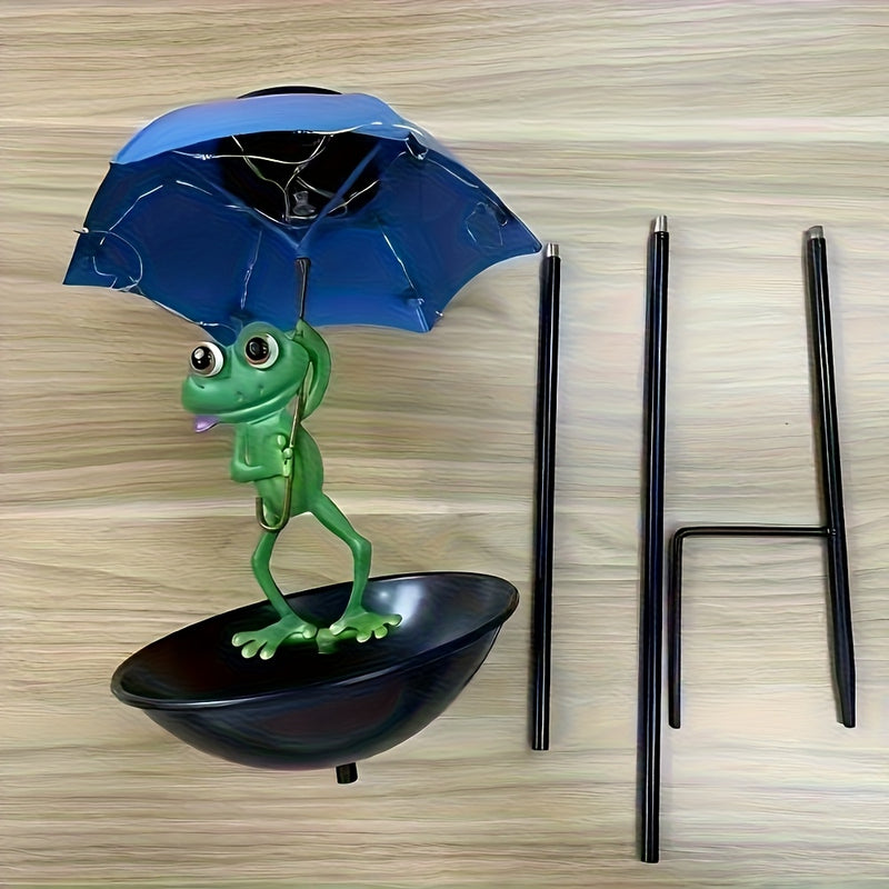 1pc Estatuilla de Rana Solar con Luces LED Automáticas y Comederos para Pájaros - Decoración Metálica para Jardín, Patio o Césped con Sombrilla, Atrae Colibríes - Regalo Perfecto para Jardineros, Accesorio Caprichoso para Exteriores