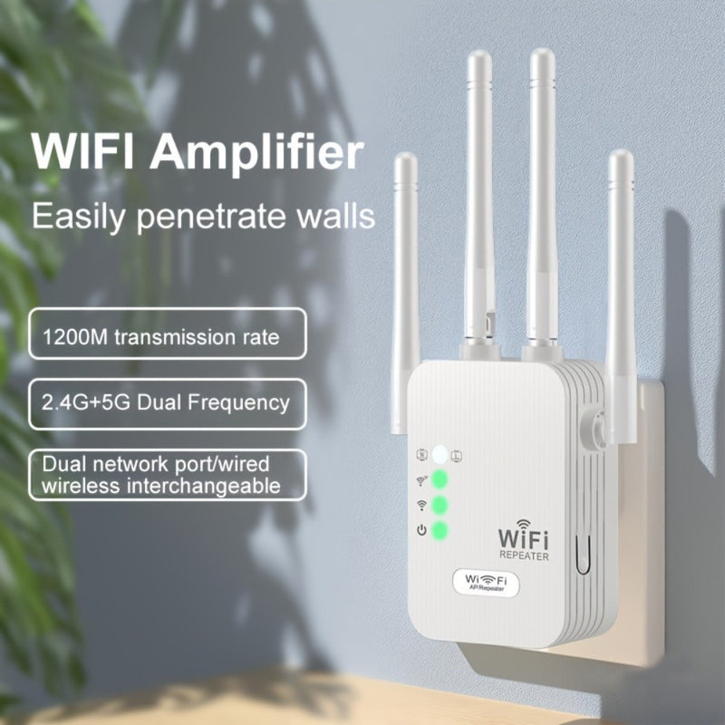 Amplificador de Rango WiFi 300Mbps 2.4GHz, 4 Antenas, Cobertura 360°, 4 Modos, Puerto Ethernet, Configuración con un Clic, Extiende la Cobertura hasta 3000 Pies Cuadrados, Compatible con 35 Dispositivos, Diseño Moderno, Amplificador Inteligente (Extensor