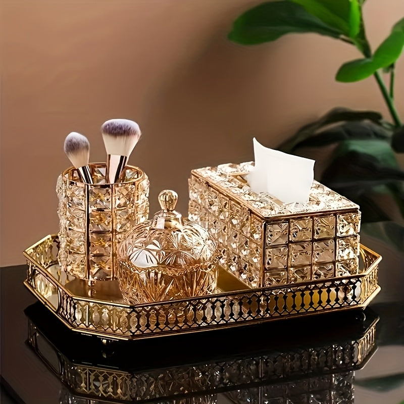 Soporte Elegante para Caja de Pañuelos de Metal con Detalles en Cristal, Blanco y Dorado, Tapadera Extraíble, Forma Rectangular, Ideal para Cocina, Comedor y Decoración del Hogar