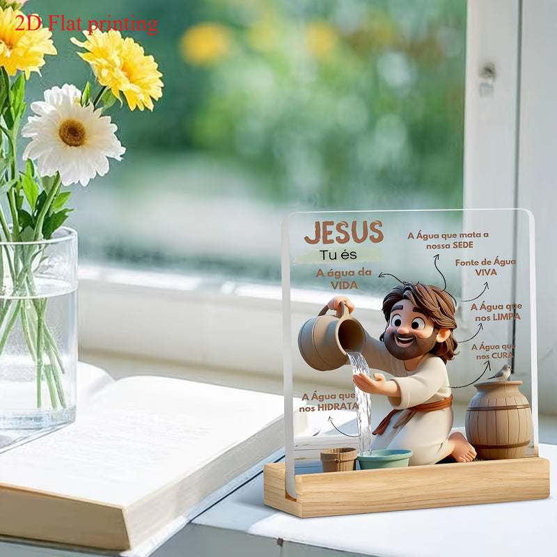 Decoración Acrílica 2D de Jesús Derramando el Agua de la Vida - Un Regalo Espiritual para Fiestas Cristianas y Hogar u Oficina, Estilo Plano
