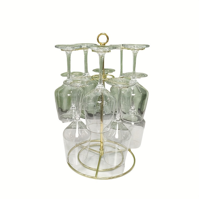 Soporte de vino de metal dorado independiente con 10 ganchos - Organizador de vajilla elegante para barra de casa, cocina o mesa de comedor, soporte de almacenamiento de vino, diseño elegante, construcción duradera