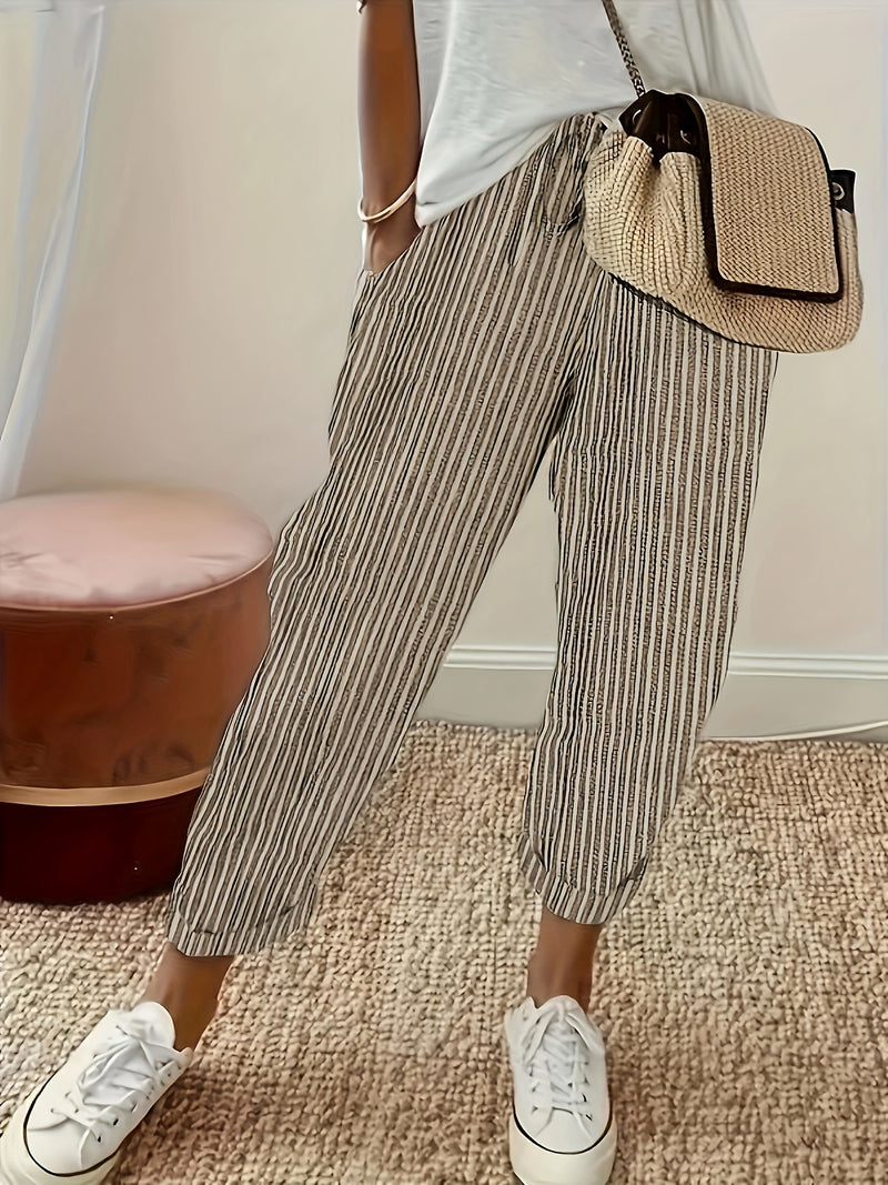 Pantalones Holgados Estampados De Rayas, Pantalones Informales De Cintura Elástica Para El Día A Día, Ropa De Mujer