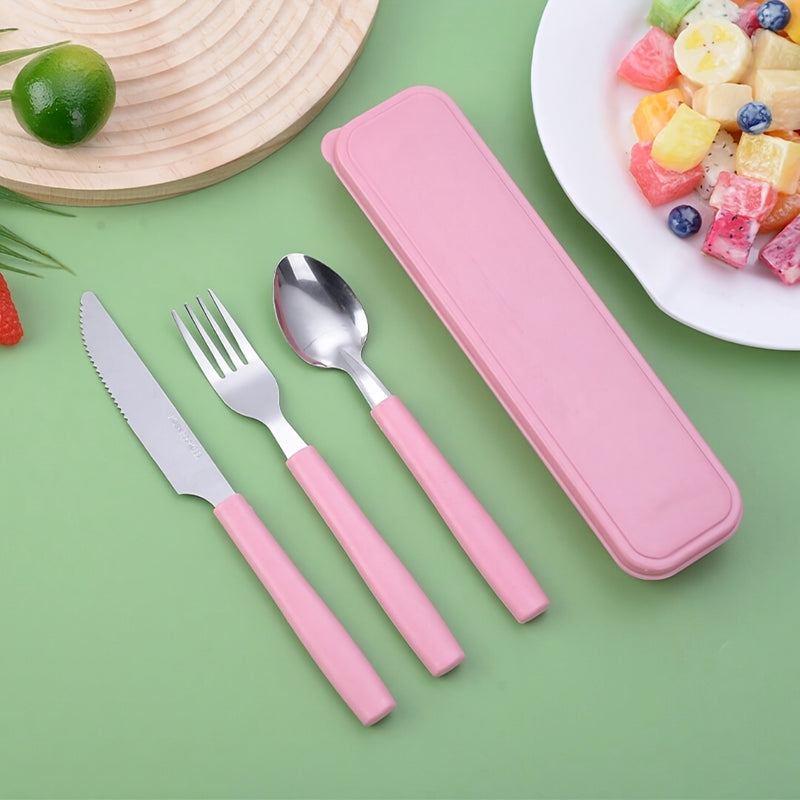 3 piezas de juego de cubiertos de viaje portátil de acero inoxidable, incluyendo cuchillo, tenedor, cuchara - Perfecto para oficina, escuela, picnic, camping y actividades al aire libre - Más adecuado para estudiantes y amigos pequeños con almacenamiento