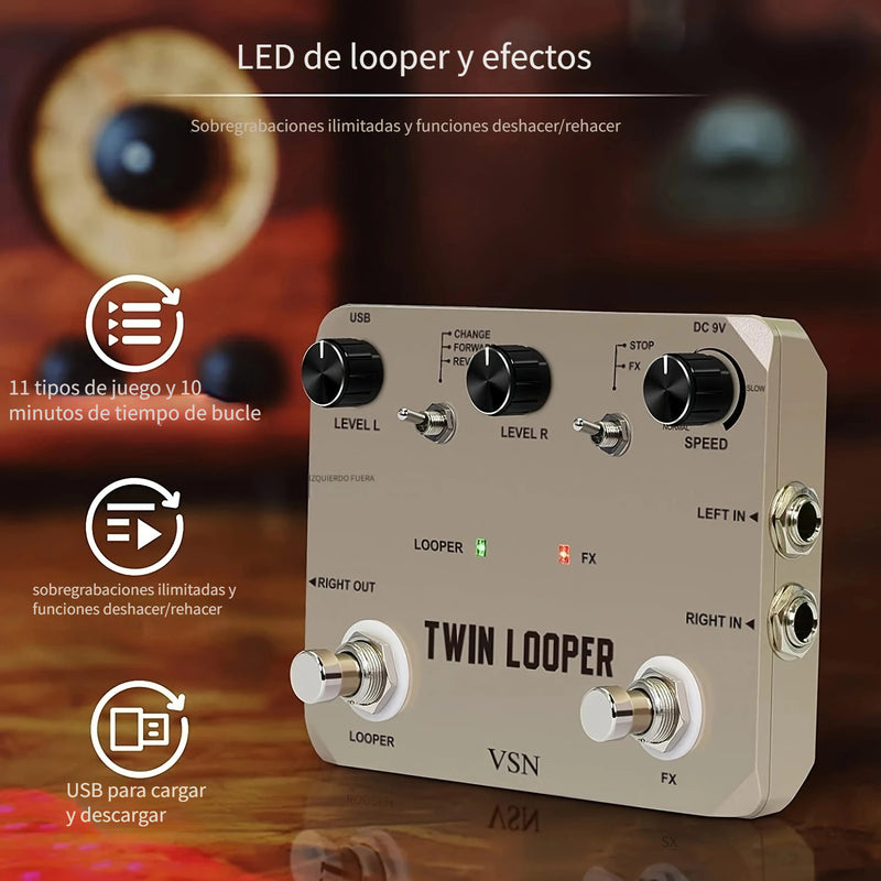 Pedal de Guitarra Eléctrica Twin Looper - Grabación de 10 Minutos, True Bypass, Sonido Analógico con 11 Efectos, Reproducción Inversa y Control de Movimiento Lento