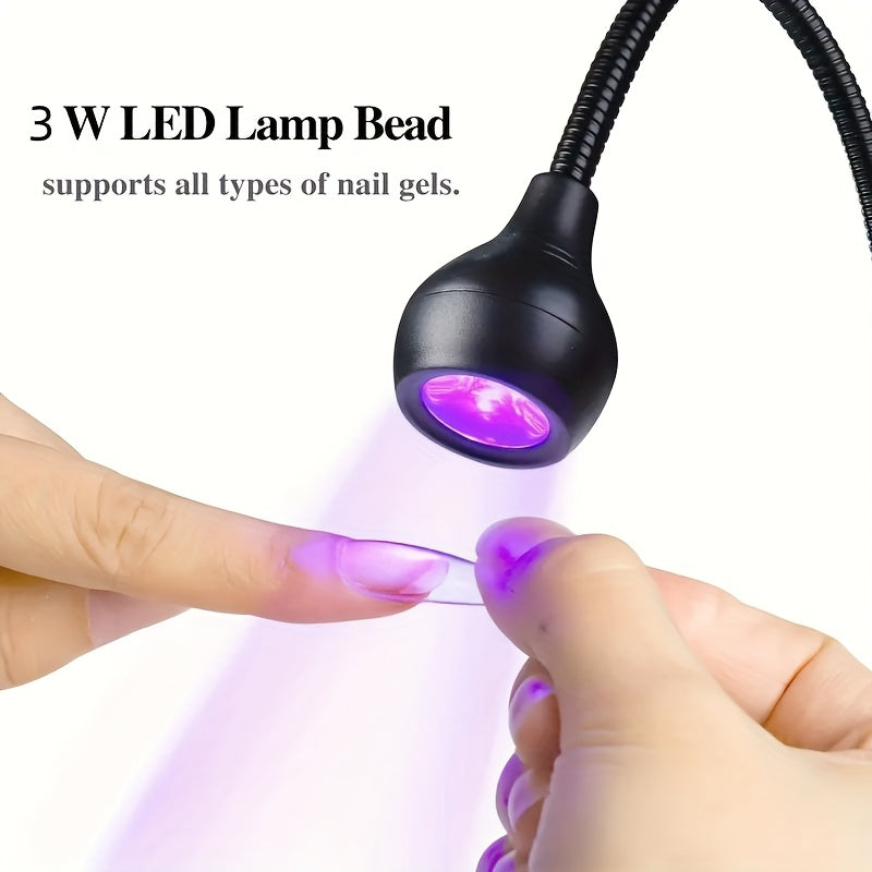 Linterna de uñas con cuello flexible ultravioleta, lámpara LED portátil para gel, secador de uñas USB plug-and-play con pinza y luz flash