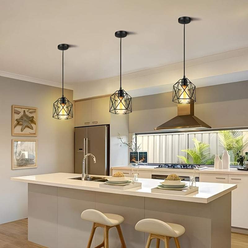 Lámpara colgante de estilo industrial E27 con base de tornillo negro - Candelabro de hierro rústico con diseño geométrico para cocina, bar, comedor y escalera, montaje semi-inclinado, cableado duro, 110-240V, no incluye bombilla, iluminación de cocina |