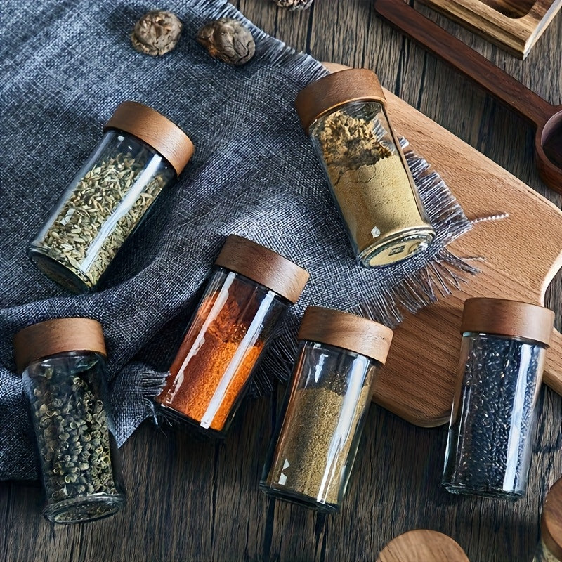 Juego de 4 frascos de vidrio de 90 ml (3 oz) con tapa de madera de acacia y bandeja organizadora para especias de cocina