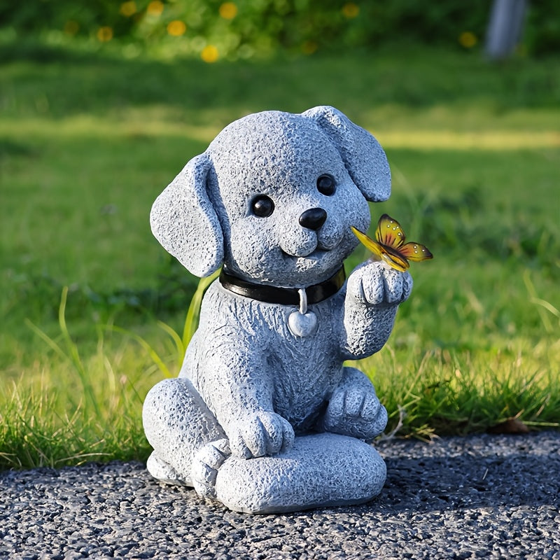 Estatuilla solar de cachorro con jardín de mariposas, decoración exterior en resina azul para patio, balcón o porche, incluye panel solar, resistente a la intemperie y diseño de alta calidad