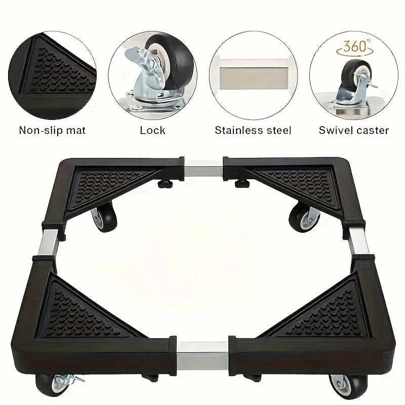 Carro de electrodomésticos de acero inoxidable con 4 ruedas bloqueables - base ajustable, diseño antihumedad y antivibración, ideal para refrigerador/lavadora con base de rodillos regulables