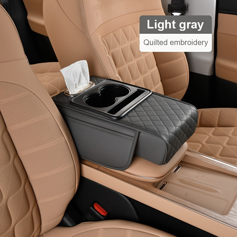 1 cojín universal para apoyabrazos de auto en piel PU, con porta vasos, compartimento multifuncional y ranura para caja de pañuelos