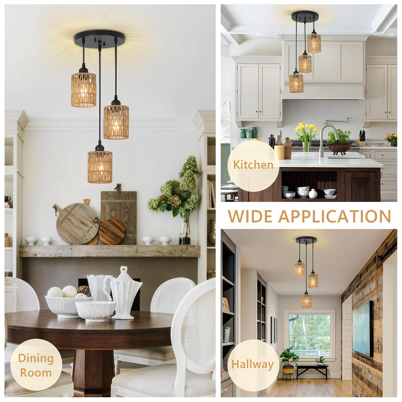 Lámpara colgante de ratán con 3 luces, lámpara de techo estilo granja para comedor, iluminación colgante boho con pantallas tejidas a mano de mimbre, ideal para cocina, sala, dormitorio, entrada o pasillo