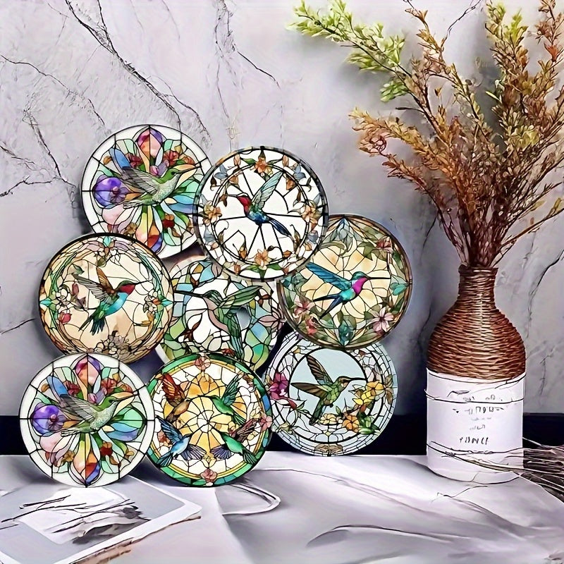 8 Piezas de Posavasos con Patrón de Vidrio Manchado de Colibrí, Antideslizantes y Resistentes al Calor para Protección de Mesas, Ideales para Tazas, Cafés, Oficinas, Cocinas, Restaurantes, Decoración o Coleccionismo Personal
