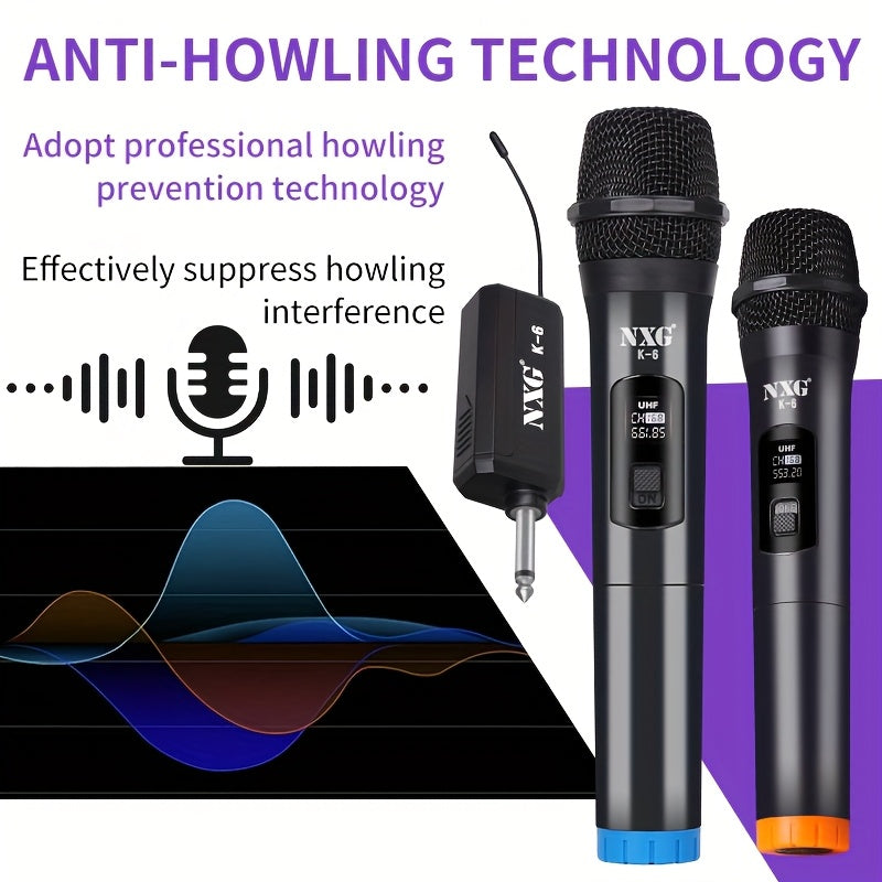 Micrófonos inalámbricos NXG K-6, micrófonos para karaoke, sistema dinámico de mano, receptor recargable, ideal para fiestas, iglesias, reuniones, bodas y escenarios, incluye 2 micrófonos