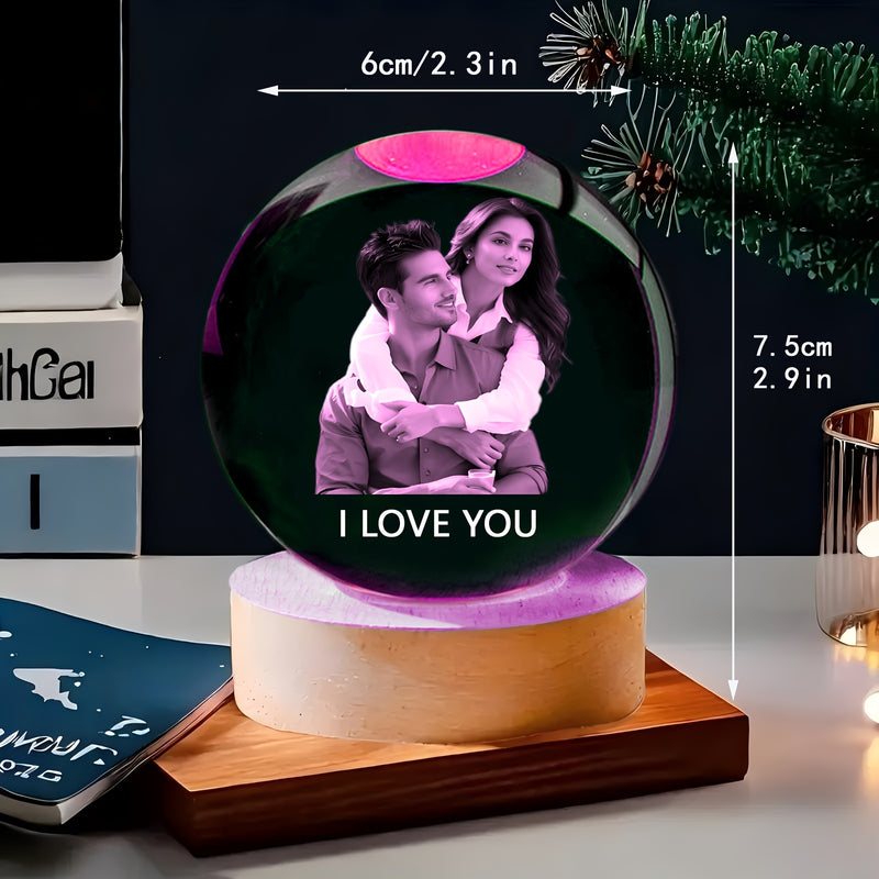 Esfera de cristal personalizable con base de madera - Esfera de vidrio con fotos personalizadas para decoración de dormitorio y sala de estar - Regalo ideal para cumpleaños, San Valentín, Acción de Gracias, Navidad - Opción de grabado DIY, alimentado por