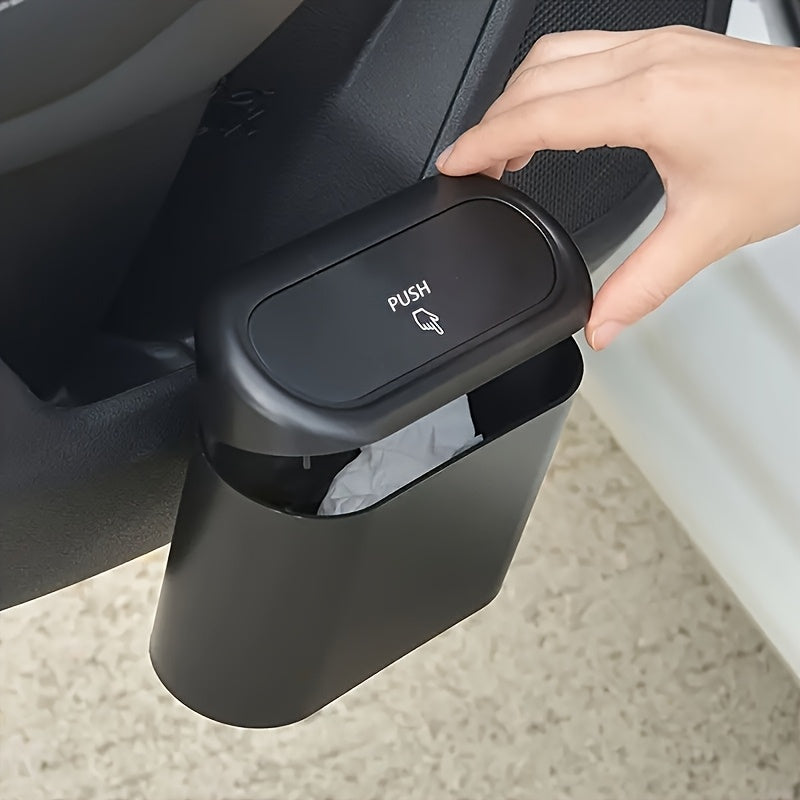 Bote de basura para auto, 1 unidad, material PP resistente, negro, con tapa a prueba de fugas, diseño fácil de colgar, organizador multifuncional para interiores de auto, solución de almacenamiento, accesorio moderno para auto, cierre seguro de tapa