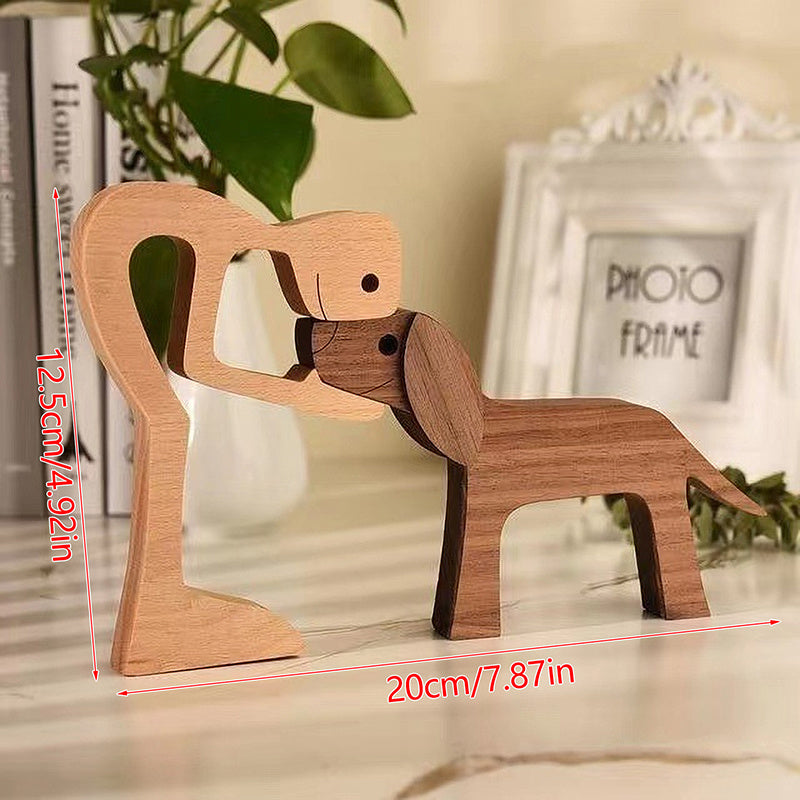 Figura de Perro de Madera Hecha a Mano - Escultura Encantadora de Familia y Mascota para Decoración de Hogar u Oficina, Regalo Perfecto para San Valentín o Navidad