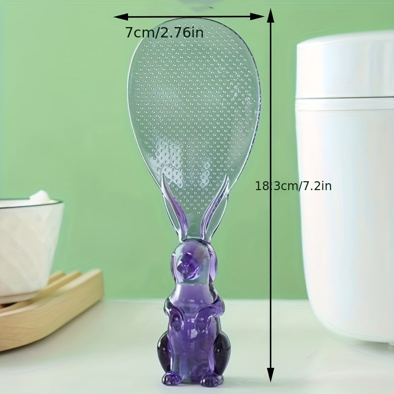 1pc Cuchara de Cristal Transparente, Pala para Arroz con Soporte en Forma de Conejo, Espátula para Cocinar Arroz y Esparcirlo, Cuchara de Arroz de Dibujos Animados